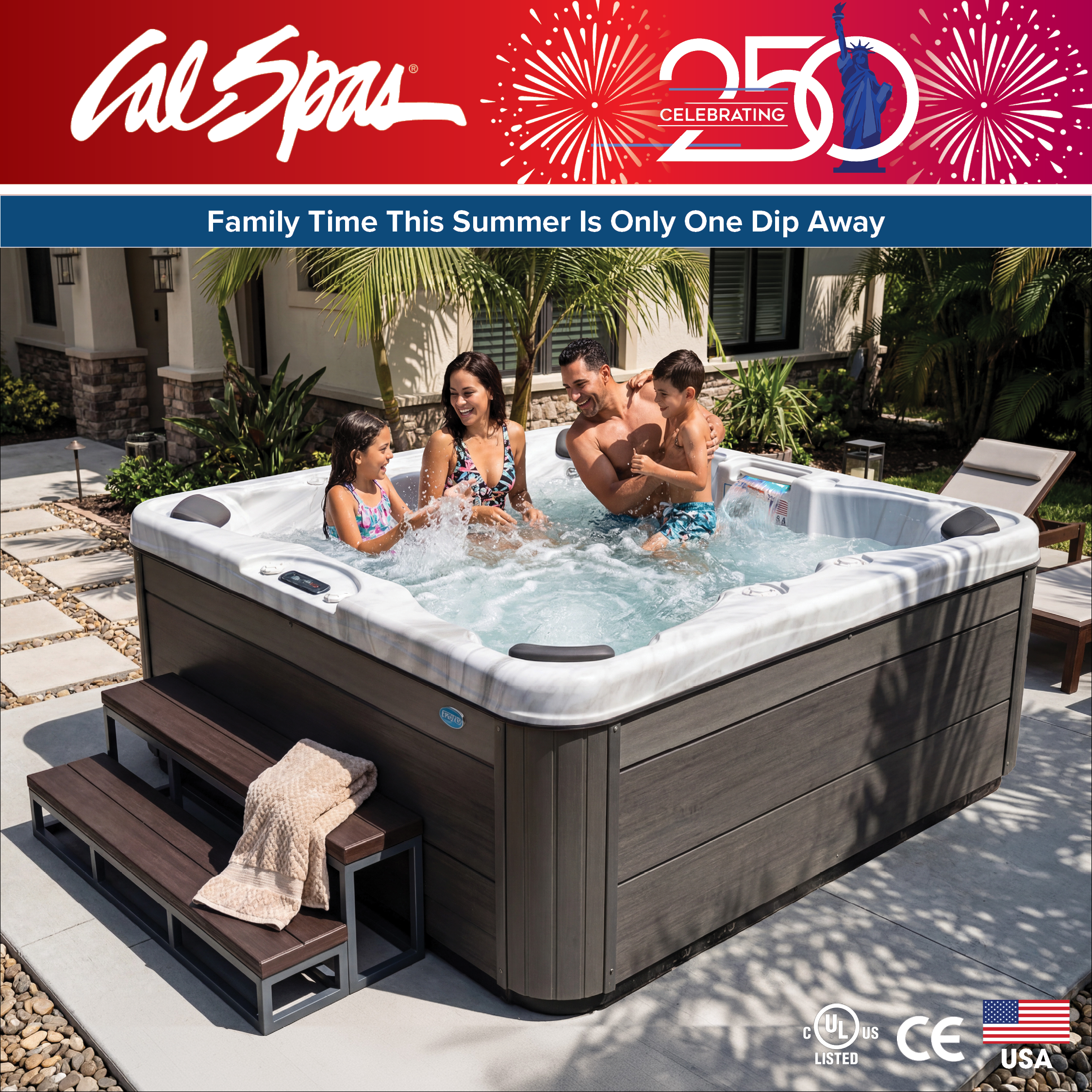 Calspas hot tub being used in a family setting - Garland